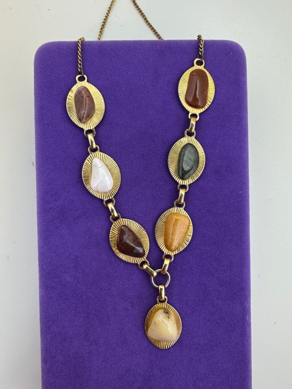 💛 Vintage Gold-Tone Multi-Stone Statement Necklace | Mixed Earth Tones Boho